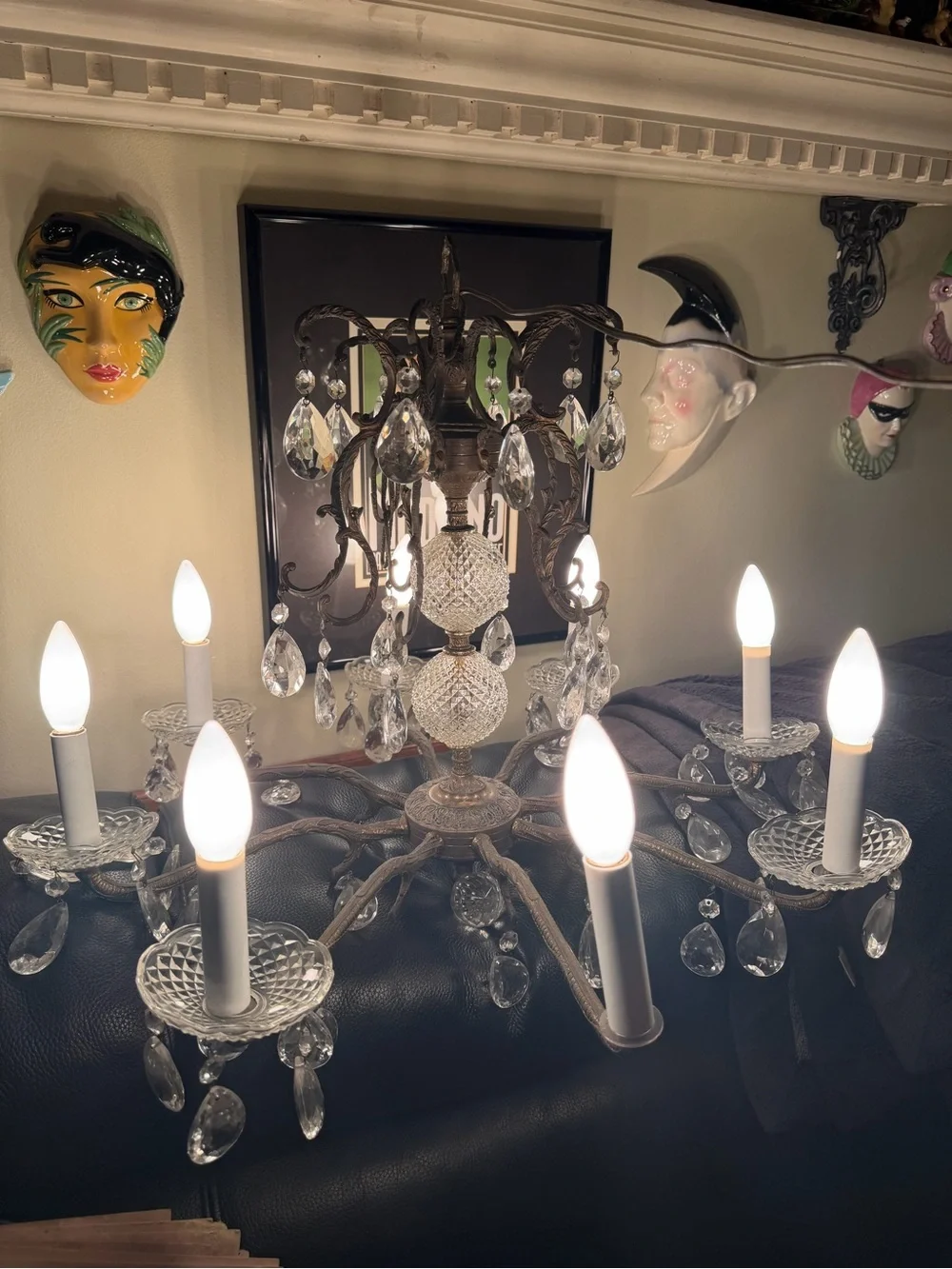 Antique Spanish Revival Brass 8 arm chandelier with leaded glass crystal prisms